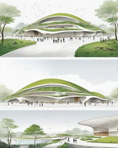 architectural plan for a library and existing school connector building of (Song dynasty:1.2), floresent green walls, round waving shape, (Tadao Ando & SP+A style: 1.3),  inspired by SP+A & Zha Shibia