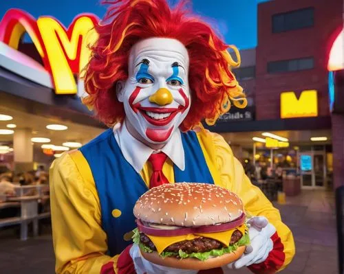 Ronald McDonald, smiling face, bright red hair, blue eyes, yellow skin tone, iconic red and yellow uniform, white gloves, holding a giant hamburger, standing in front of a colorful McDonald's restaura