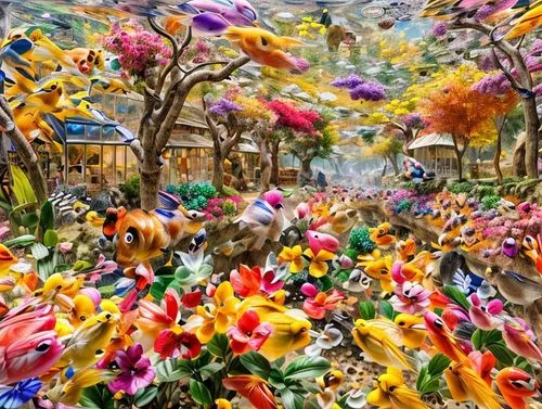 sea of flowers,blanket of flowers,flower garden,scattered flowers,flower painting,splendor of flowers,field of flowers,tulip festival,post impressionist,iranian nowruz,flower field,springtime background,flower art,colorful birds,cottage garden,easter festival,flower booth,spring background,the festival of colors,spring festival