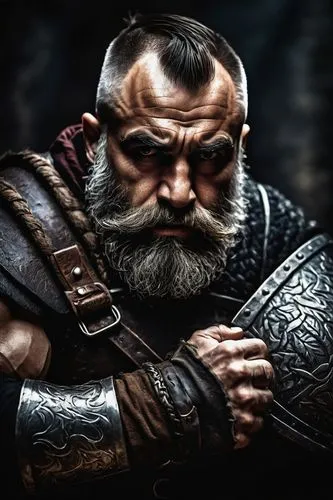 Male dwarf portrait, strong facial features, bushy eyebrows, short beard, worn leather armor, silver brooch, muscular arms, clenched fist, intense gaze, dramatic lighting, high contrast, dark backgrou