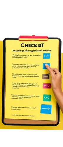 Checklist, clipboard, held by hand, yellow background, modern design, simple font, bold headings, colorful checkboxes, smooth lines, 3D effect, close-up shot, soft focus, natural lighting, warm color 