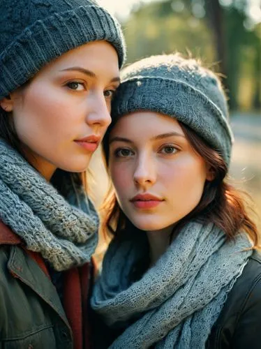 A high resolution portrait of her with boy friend,two young women are standing outside wearing scarves,scarves,two girls,young women,headscarfs,headscarves,winter clothing,Photography,Documentary Phot