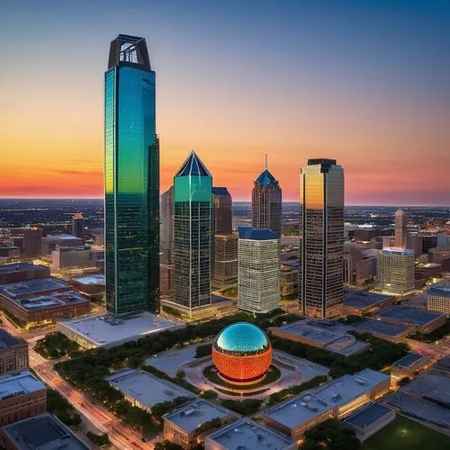 Dallas cityscape, modern skyscrapers, sleek glass and steel buildings, Reunion Tower's glowing ball, sunset reflecting off windows, bustling downtown streets, people walking in business attire, trees 