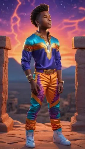 portrait shot man vivid quirky high fashion lightning portrait illusory landscape firey sunset range of colors standing on the edge of ancient ruins at earthrise starry skies before heaven astral phot