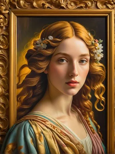 merida,art nouveau frame,portrait of a girl,fantasy portrait,mystical portrait of a girl,art nouveau frames,romantic portrait,portrait background,girl in a wreath,mona lisa,custom portrait,art deco frame,art painting,gold stucco frame,meticulous painting,oil painting on canvas,artemisia,cepora judith,vintage female portrait,golden frame,Art,Classical Oil Painting,Classical Oil Painting 43