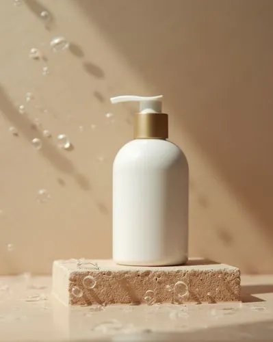 shot of white body lotion, minimal bottle sitting on light brown natural stone brick, soggy, with water bubbles scattering in front surrounding bottle, water drops, photorealistic, natural simplicity,