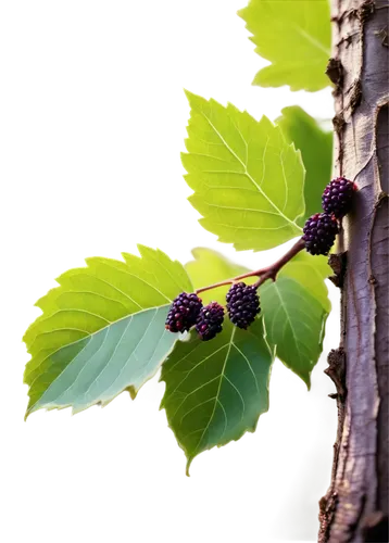 Mulberry tree, lush green leaves, slender branches, ripe purple mulberries, wooden trunk, roots deep in earth, warm sunlight filtering through leaves, close-up shot, shallow depth of field, soft focus