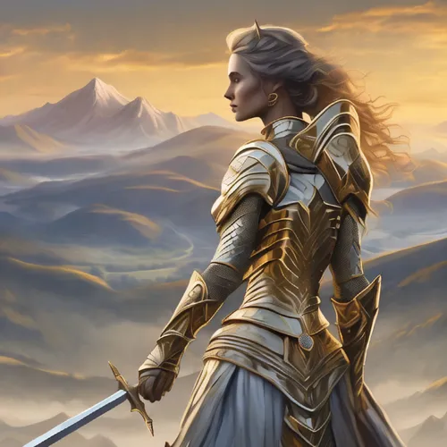 female warrior,paladin,heroic fantasy,warrior woman,swordswoman,joan of arc,lone warrior,massively multiplayer online role-playing game,wind warrior,fantasy art,fantasy warrior,the wanderer,fantasy woman,fantasy portrait,fantasy picture,gold wall,cg artwork,sterntaler,golden light,golden unicorn