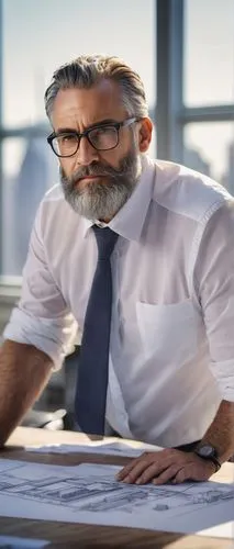 Architectural blueprint, large format printer, modern office, wooden desk, ergonomic chair, mature male architect, 3/4 view, facial close-up, glasses, beard, white shirt, rolled up sleeves, pencil in 