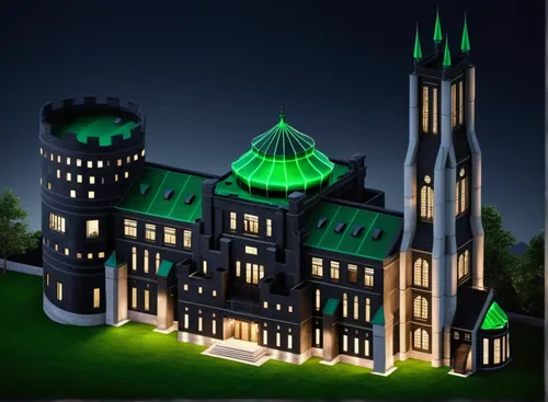 The exterior walls are completely made of black concrete. The lights in the building are all green. The surroundings of the building are dark, because it is night.,haunted cathedral,gothic church,goth