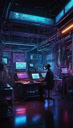 Textual Inversion Stable Diffusion, artistic digital art, futuristic laboratory, neon lights, sci-fi atmosphere, holographic displays, complex machinery, tubes, wires, motherboards, screens, keyboards