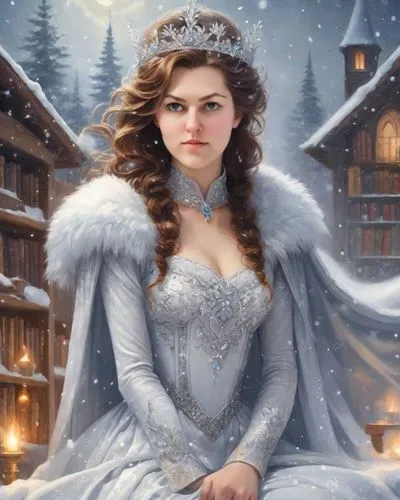 A snow queen, a beautiful and cold woman, short hairstyle, glittering snowflakes on a white dress. Wearing a tall silver crown. She radiates power and authority, her gaze is full of mystery and magic.