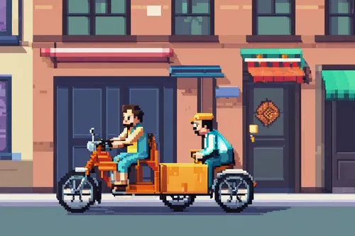 Craft a comedy sketch where a clumsy rickshaw bags delivery person keeps getting into humorous mishaps.,bicycle mechanic,pedicab,rickshaw,delivery service,blue pushcart,bicycle ride,tandem bicycle,ice