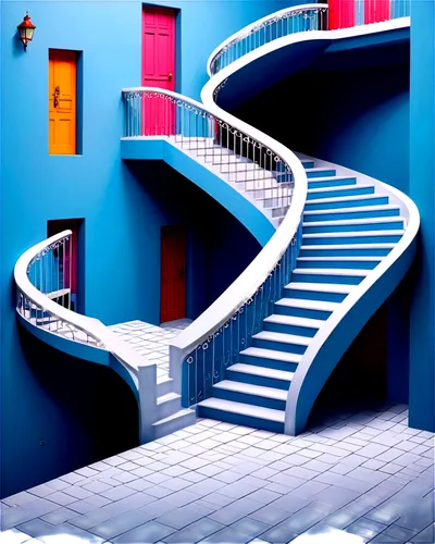 escaleras,stairwell,staircases,stairways,escalera,winding steps,stairwells,stairway,staircase,stairs,stair,outside staircase,winding staircase,steps,corridors,passage,spiral staircase,3d render,an apartment,blue doors,Unique,3D,Isometric