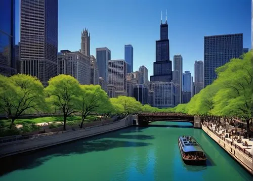 Chicago River, daytime, clear blue sky, cityscape, modern skyscrapers, Willis Tower, glassy reflection, riverboat, guided tour, tourists taking photos, Chicago-style bridges, ornate ironwork, Wacker D