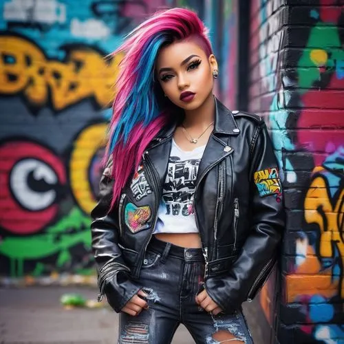 punk,toni,leather jacket,colorful background,punk design,rocker,fashionable girl,grunge,denim jacket,rockabilly style,asian girl,jean jacket,asian woman,tattoo girl,mohawk,asian,pink hair,harley,ash leigh,asia girl,Photography,Documentary Photography,Documentary Photography 14