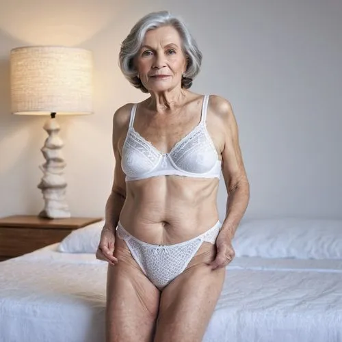 full body view of a 65 year old wrinkled Woman in patterned white cotton underwear , very detailed,menopause,incontinence aid,elderly person,older person,anti aging,elderly lady,women's health,aging i