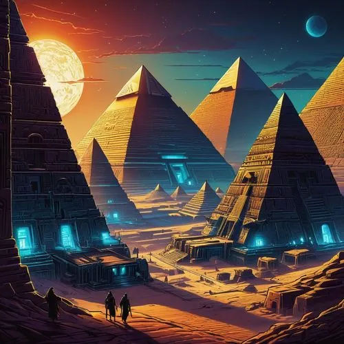 pyramids,pyramid,ancient city,futuristic landscape,russian pyramid,giza,triangles background,eastern pyramid,step pyramid,desert,digital nomads,alien world,dune,barren,cairo,kharut pyramid,alien planet,lunar landscape,world digital painting,desert landscape,Illustration,Realistic Fantasy,Realistic Fantasy 25