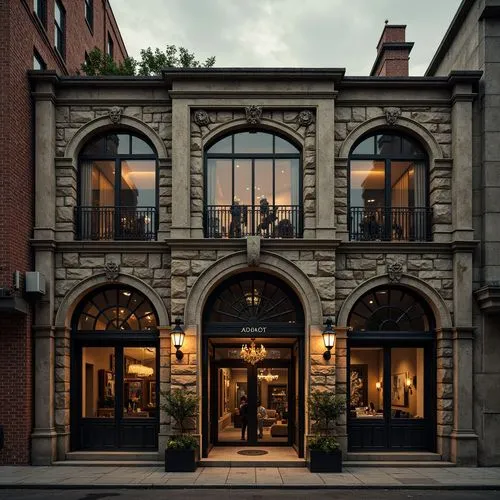 Rustic stone walls, arched windows, grand entrance doors, ornate metalwork, industrial piping, distressed brick textures, vintage machinery, reclaimed wood accents, exposed ductwork, urban cityscape, 