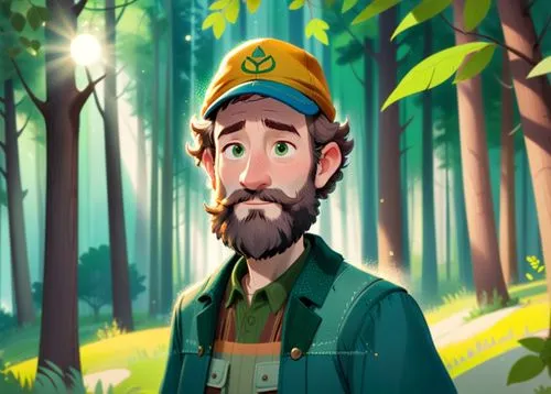 A 50 year old man, he is a forester, he is wearing an blue cap with a logo on it, his beard is greay and chesnuts colored, he is wearing forester clothes green and brown colored, he has a few rickles 