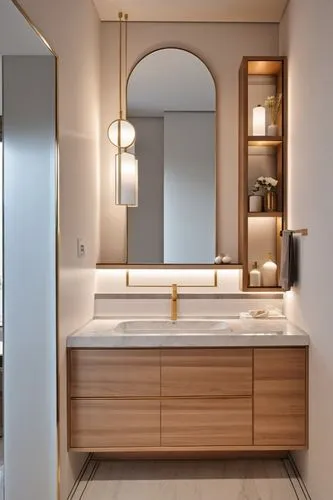 ultra luxurious modern wash basin unit with marble finish back and wooden shelves and white melamine drawers ,a white bathroom with a wooden cabinet and large mirror,modern minimalist bathroom,luxury 