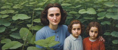 St. Gianna with her children,nettle family,grant wood,arrowroot family,dogbane family,verbena family,the mother and children,purslane family,birch family,parsley family,borage family,legume family,bal