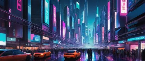 Futuristic cyberpunk cityscape, DALL-E 2 online logo, neon lights reflecting off sleek glass skyscrapers, bustling streets with holographic advertisements, crowded sidewalks with people of diverse age