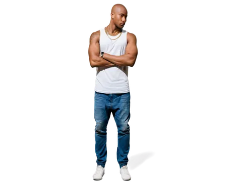 Strong-built African man, shaved head, muscular arms, chest tattoos, gold chain necklace, white tank top, ripped jeans, sneakers, confident posture, hand in pocket, standing, urban background, high co