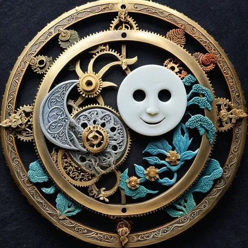 astrolabes,harmonia macrocosmica,dharma wheel,aranmula,gallifreyan,tsuba,astrolabe,medallion,circular ornament,sun and moon,ornate pocket watch,clockmakers,agamotto,tock,gillmor,orrery,tansu,brooch,clockmaker,ship's wheel,Illustration,Realistic Fantasy,Realistic Fantasy 13