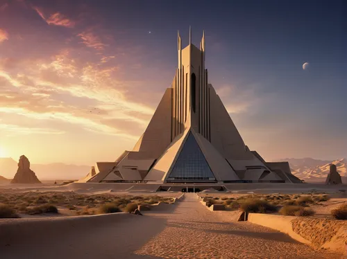 I.M. Pei-designed, "Dune" movie cosmos, monumental structure, integration with brutalist aesthetic, geometric precision, massive reinforced concrete slabs, interlocking triangular and pyramidal forms,