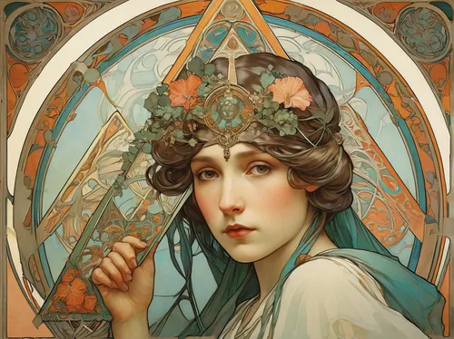 Create a fictional story where a character discovers a secret suboccipital triangle.,mucha,art nouveau,alfons mucha,art nouveau design,art nouveau frame,art nouveau frames,laurel wreath,art deco woman