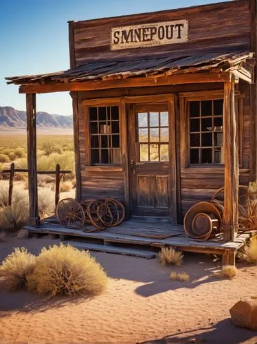 Old West, Wild West, abandoned town, wooden saloon, rusty metal door, worn-out sign, broken lantern, tumbleweed, dusty main street, old clock tower, wooden planks, stone foundation, adobe bricks, wood