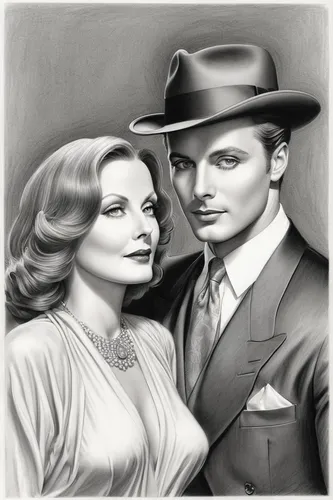 vintage man and woman,roaring twenties couple,clue and white,vintage drawing,vintage boy and girl,mobster couple,pencil drawing,charcoal drawing,pencil drawings,gentleman icons,maureen o'hara - female,film noir,man and wife,romantic portrait,drawing mannequin,custom portrait,charcoal pencil,mahogany family,maraschino,beautiful couple,Illustration,Black and White,Black and White 30