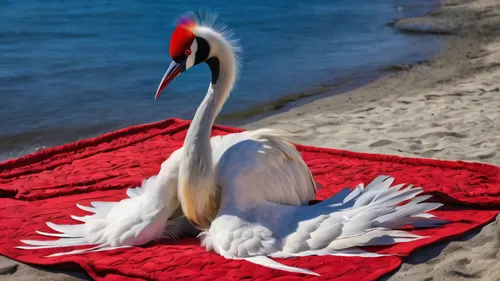 beach towel,red-crowned crane,canadian swans,grey neck king crane,trumpeter swan,fujian white crane,swans,greater flamingo,pelican,great white pelican,trumpeter swans,white pelican,trumpet of the swan,guest towel,eastern crowned crane,eastern white pelican,towels,pelicans,dalmatian pelican,brown pelican,Photography,General,Natural