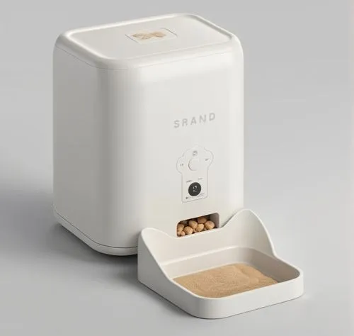 宠物喂食器，简约风格，科技感,a small white box has some kind of grain inside,toast skagen,ice cream maker,eero,smarttoaster,segato,seaboards,Photography,General,Realistic