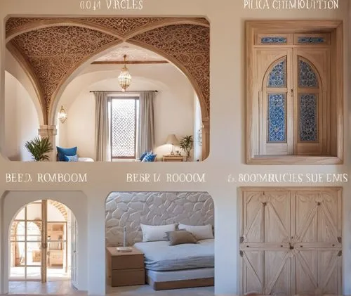 Create a bedroom image, with a vaulted ceiling of white and beige bricks, walnut wood columns, white arched door, Moroccan tile floor, Andalusian ethnic furniture in beige tones, add blue cushions and