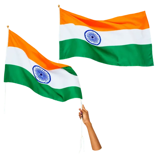 Horizontal India tricolor flag, waving gently, saffron, white, green stripes, golden ratio, intricate embroidery, soft lighting, 3/4 composition, shallow depth of field, national symbol, vibrant color