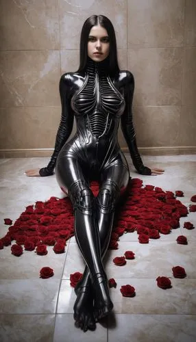 a sweet girlfriend cute on floor and her towel,   roses,dead bride,rubber doll,voodoo woman,photo session in bodysuit,dark angel,goth woman,latex clothing,lacerta,queen of hearts,pvc,human skeleton,en