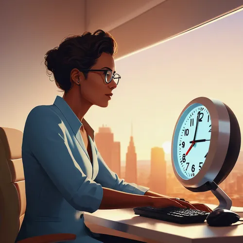 women in technology,blur office background,night administrator,girl at the computer,office icons,sci fiction illustration,time management,place of work women,world digital painting,girl studying,game illustration,watchmaker,clockmaker,office worker,clock,quitting time,nine-to-five job,bussiness woman,telework,remote work,Conceptual Art,Sci-Fi,Sci-Fi 17