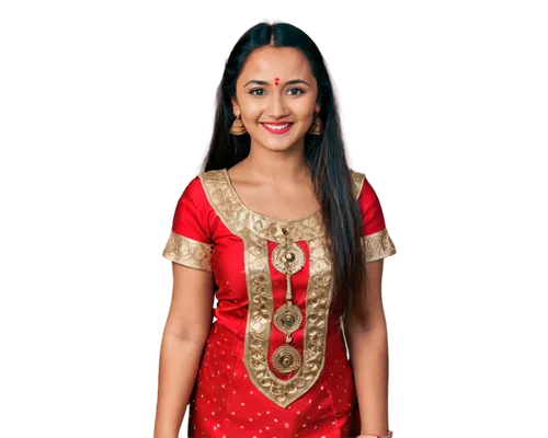 Assamese woman, traditional dress, Mekhela Sador, bright red and gold colors, intricate patterns, long hair, big bindi, nose ring, elegant posture, gentle smile, soft focused eyes, warm skin tone, sub