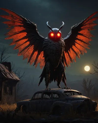 mothman, Fallout 76, equinox event 2023, post-apocalyptic setting, glowing red eyes, dark silhouette, wings spread, perched on a ruined building, desolate landscape, mutated flora, irradiated fog, dec