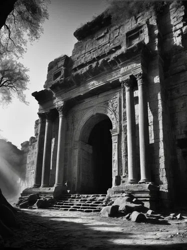 Ancient ruins, majestic stone pillars, intricate carvings, mysterious underground tunnels, grand entrance with massive doors, worn stone staircases, ornate lanterns, sprawling tree roots, misty atmosp