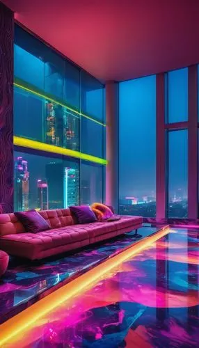 neon cocktails,poolroom,apartment lounge,great room,infinity swimming pool,modern room,luxe,colored lights,aqua studio,sky apartment,water sofa,ufo interior,livingroom,vdara,glass wall,futuristic landscape,roof top pool,living room,futuristic,nightclub,Conceptual Art,Oil color,Oil Color 23