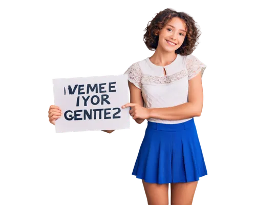 Helpful girl, holding sign, smiling face, bright eyes, curly brown hair, gentle makeup, white blouse, blue skirt, standing pose, warm lighting, shallow depth of field, 3/4 composition, soft focus, viv