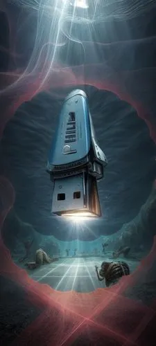 Underwater,comic Marvel, oscuridad con burbujas , gigante Pen Drive levitando , debajo de este muchos hombres rezando ,la luz del Pen Drive impacta en el lecho marino ,space capsule,inverted cottage,s