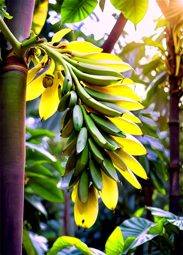 Tall banana tree, green leaves, curved trunk, yellow flowers, ripe bananas hanging, warm sunlight filtering through leaves, morning dew, shallow depth of field, 3/4 composition, vibrant color tone, so