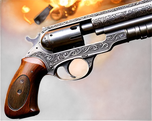 Shotgun, metallic body, wooden handle, intricate engravings, smoke emitting from barrel, bullet shells scattered around, dramatic lighting, close-up shot, shallow depth of field, realistic texture, de