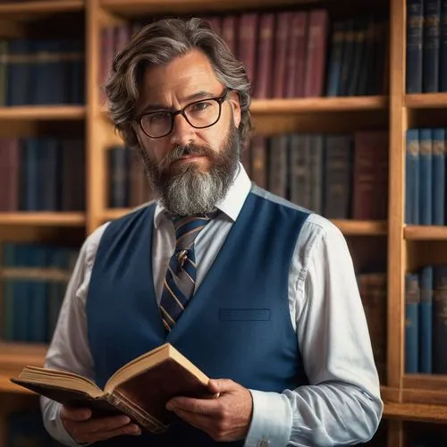 knowledgeable, middle-aged man, glasses, messy brown hair, beard, white shirt, blue tie, dark gray suit, holding a book, standing, library, tall shelves, old books, warm lighting, wooden tables, comfo