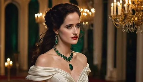 Eva Green, beautiful, solo, (25yo), porcelain skin, vibrant emerald eyes, long curly brown hair, subtle makeup, elegant necklace, white off-shoulder evening gown, satin texture, flowing train, red car