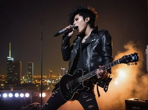 Jrock singer, masculine, cool, 25yo, spiky black hair, bold eyeliner, silver earrings, black leather jacket, white shirt, ripped jeans, black boots, guitar, microphone, spotlight, concert stage, night